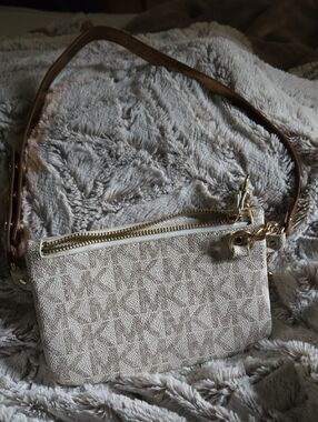 Neutral Patterned Beige Crossbody Wristlet with Gold Accents
